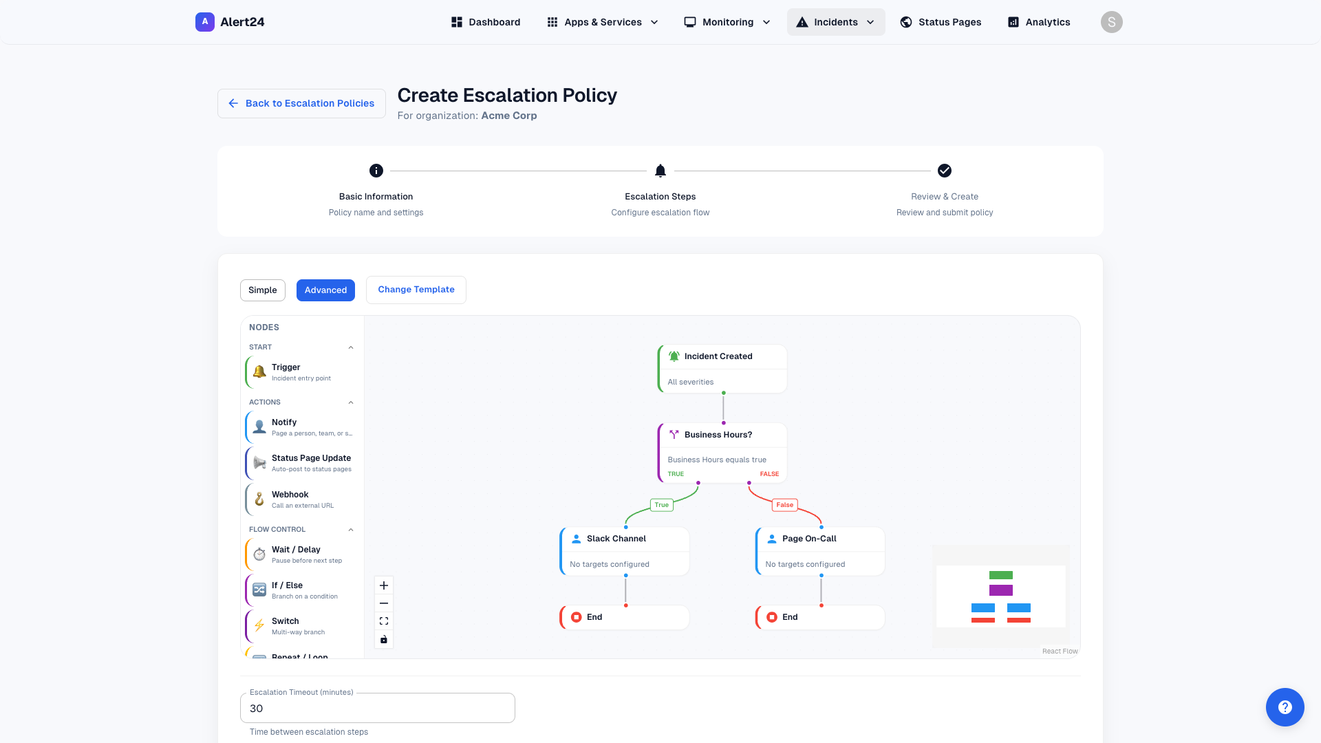 Alert24 visual escalation workflow builder with drag-and-drop nodes for parallel paths and conditional branching