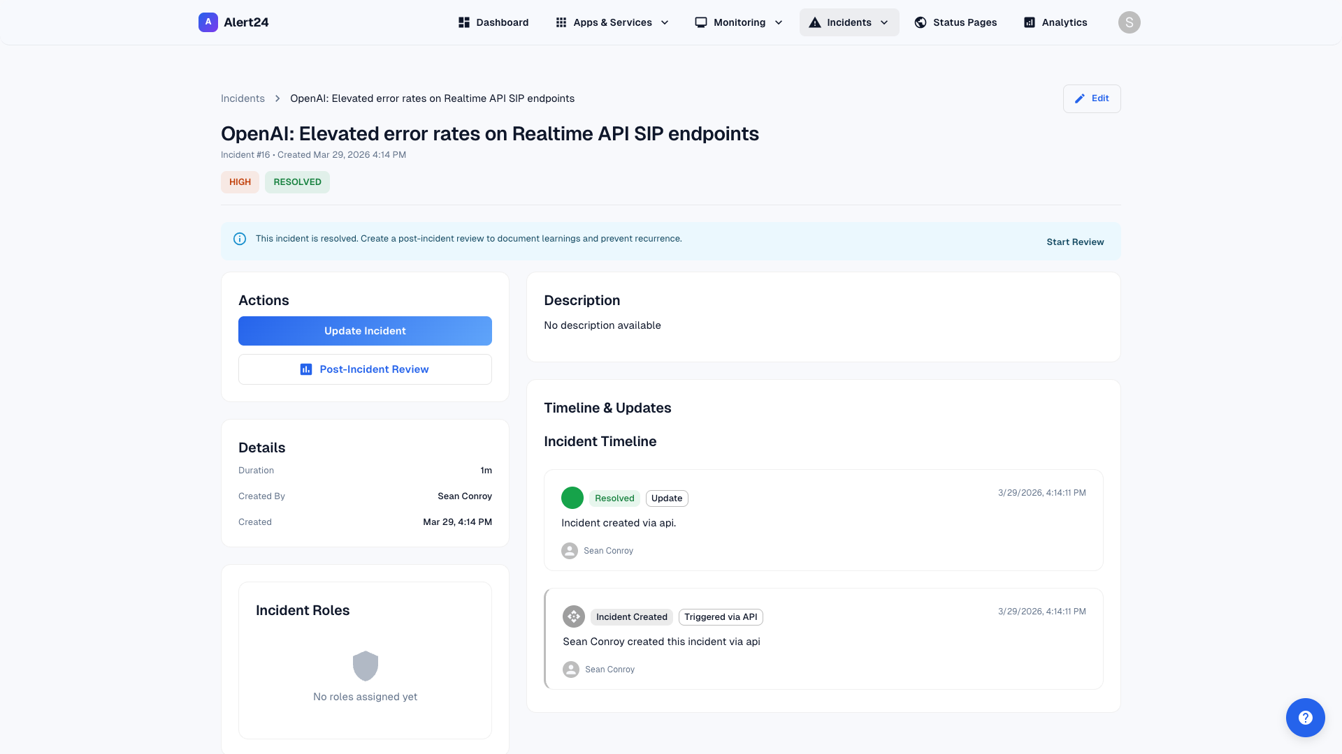 Incident detail view with timeline and root cause analysis