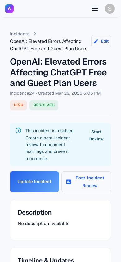 Alert24 incident detail on mobile with severity and timeline
